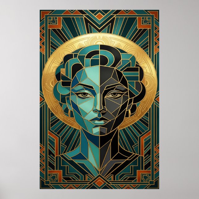 Póster Art Deco Cubist Woman Face Gold Teal Poster (Frente)