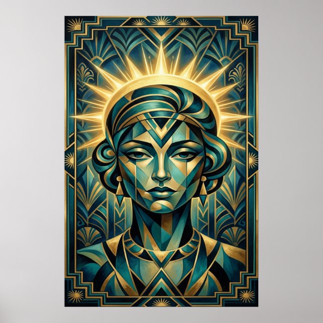 Póster Art Deco Cubist Woman Sunset Gold Teal Poster (Frente)