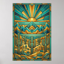 Art Deco Desert Sunset Poster - Geometric Saguaro 