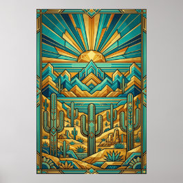 Póster Art Deco Desert Sunset Poster - Geometric Saguaro