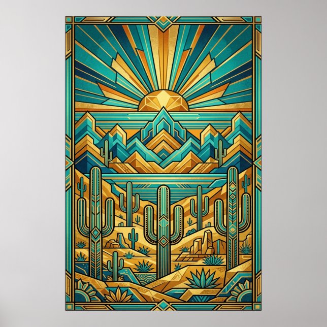 Póster Art Deco Desert Sunset Poster - Geometric Saguaro  (Frente)
