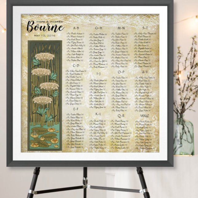Póster ART DECO Dragonfly Lilypad Wedding Seating Chart (To view pricing for frame, choose your options please.)