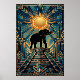 Póster Art Deco Elephant Pyramid Golden Sunset