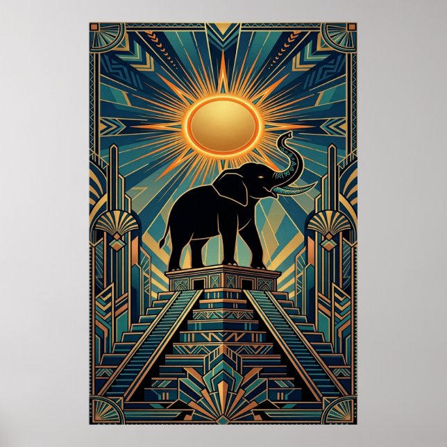 Póster Art Deco Elephant Pyramid Golden Sunset (Frente)