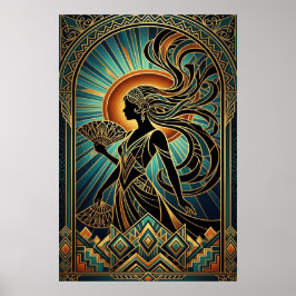 Póster Art Deco Flapper Woman Portrait Gold Teal Poster