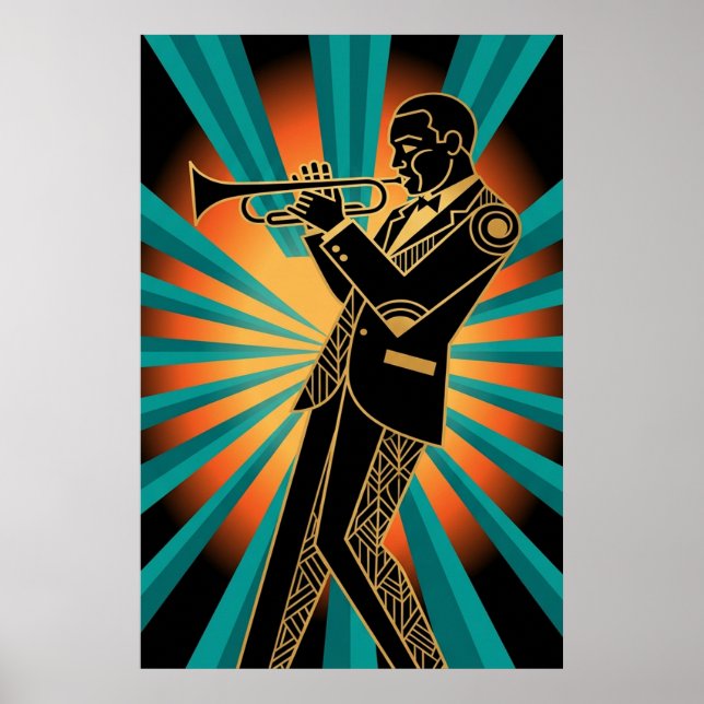 Póster Art Deco Flapper Woman Portrait Gold Teal Poster (Frente)