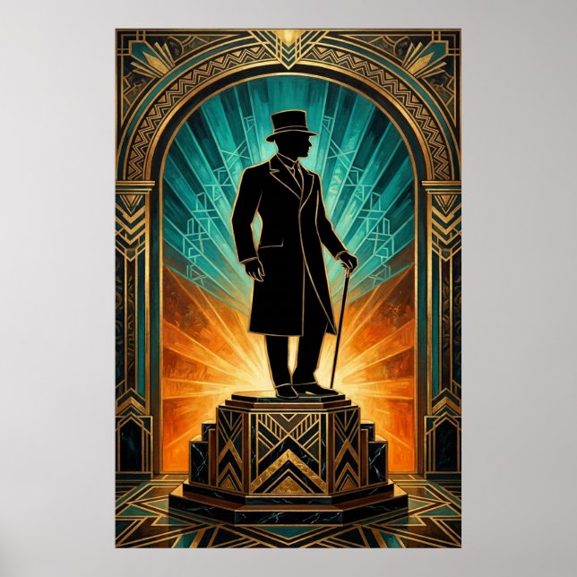 Póster Art Deco Gentleman Silhouette Top Hat Cane Poster (Frente)