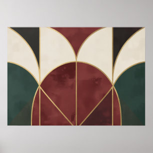 Póster Art Déco Geométrico Arcos Verde Carmesí Dor
