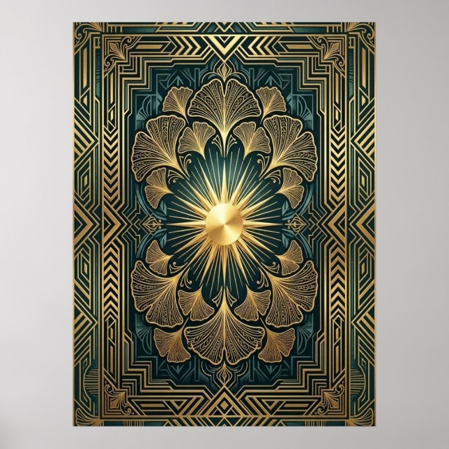 Póster Art Deco Ginkgo Leaf Sunburst Poster | Gold Teal  (Frente)