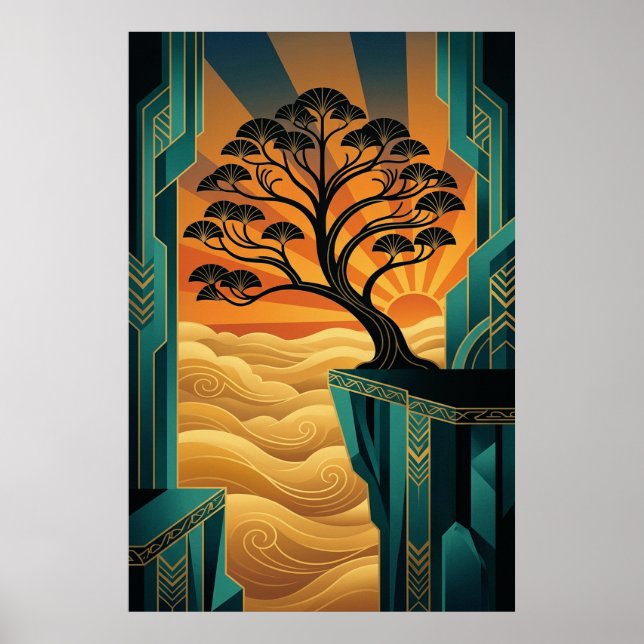 Póster Art Deco Ginkgo Tree Ocean Cliff Gold Teal Poster (Frente)