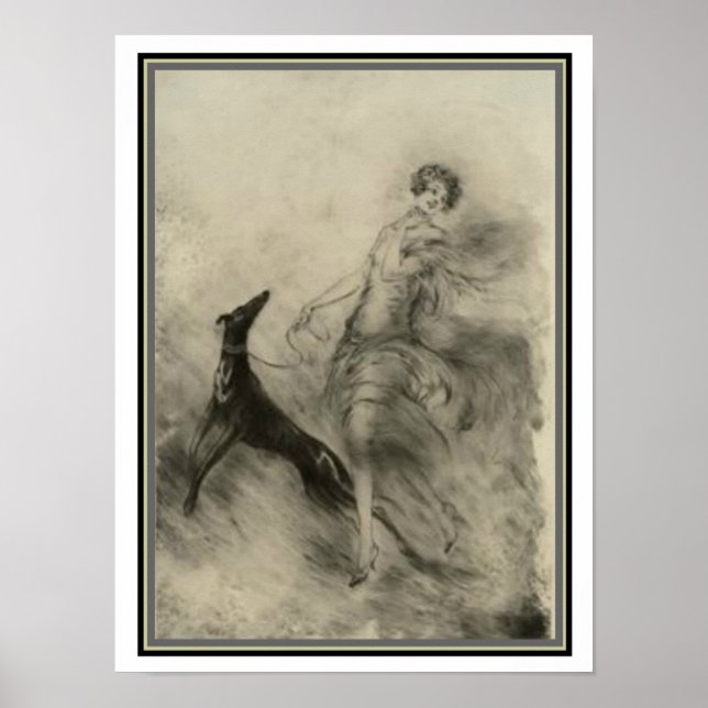 Póster Art Deco "Girl with Dog" by Louis Icart 12 x 16 (Frente)