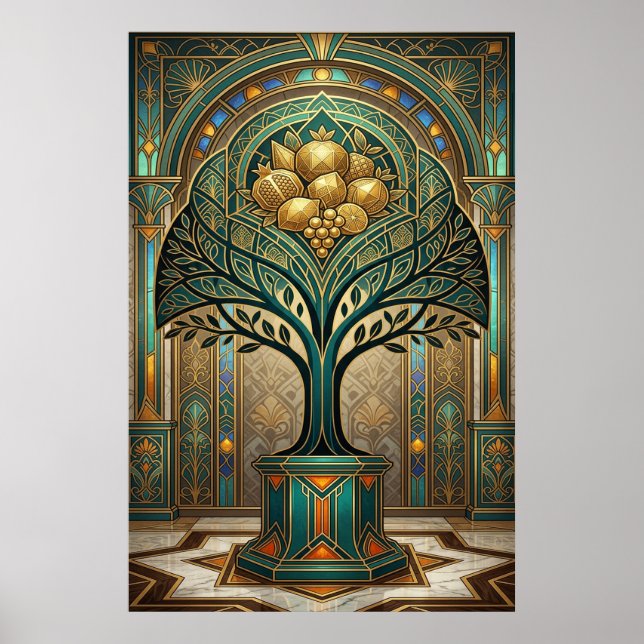 Póster Art Deco Golden Harvest Fruit Tree Gold Teal Poste (Frente)