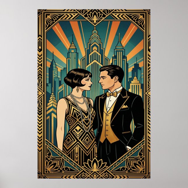 Póster Art Deco Great Gatsby Couple City Skyline Poster (Frente)