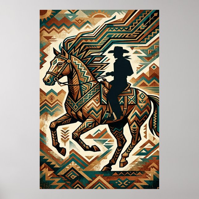 Póster Art Deco Horse and Rider Poster - Geometric Wester (Frente)