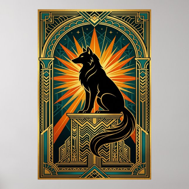 Póster Art Deco Howling Wolf Golden Sunburst (Frente)