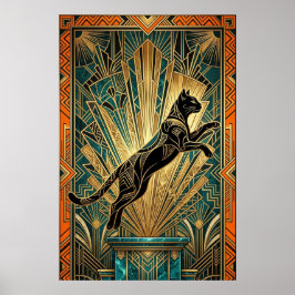 Póster Art Deco Leaping Black Cat Wall Art