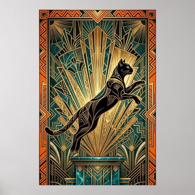 Póster Art Deco Leaping Black Cat Wall Art (Frente)