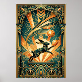 Póster Art Deco Leaping Rabbit Gold & Teal Art