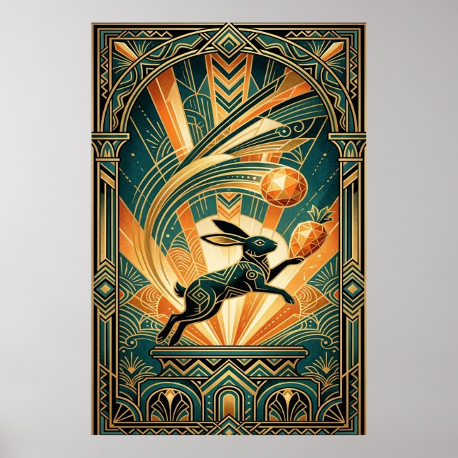 Póster Art Deco Leaping Rabbit Gold & Teal Art (Frente)