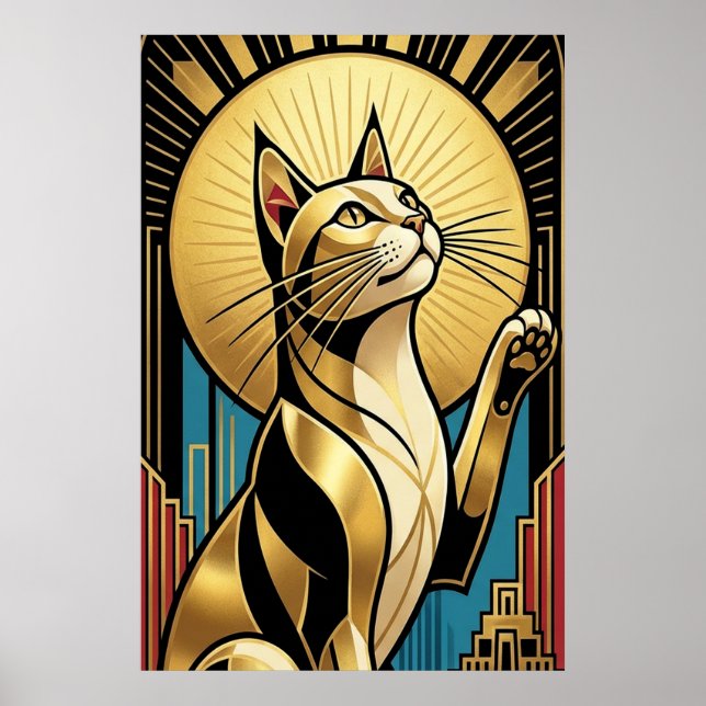 Póster Art Deco Modern Golden Tuxedo Cat Wall Art (Frente)