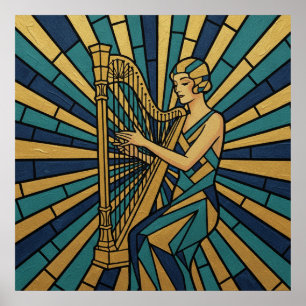 Póster Art Déco moderno de arpista dorado y azul M