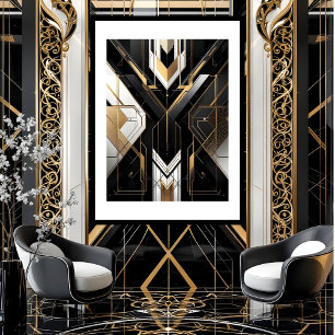 Póster Art Deco Moderno Oro geométrico blanco negro
