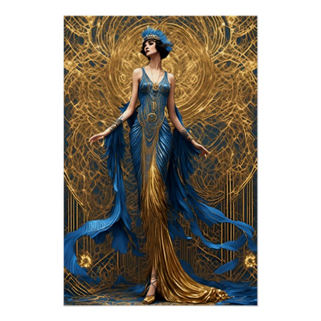 Póster Art Deco Mujer hermosa azul y oro (Anverso)