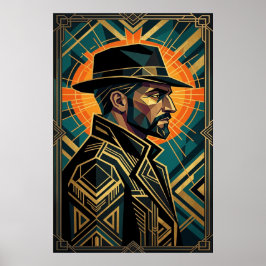 Póster Art Deco Noir Detective Fedora Profile Gold 