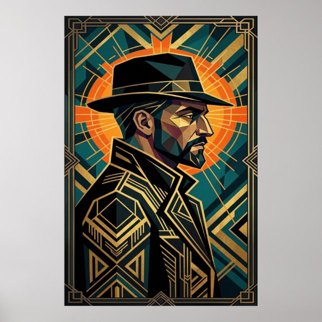 Póster Art Deco Noir Detective Fedora Profile Gold  (Frente)