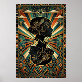 Póster Art Deco Peacock Feather Dancer Gold Teal Poster