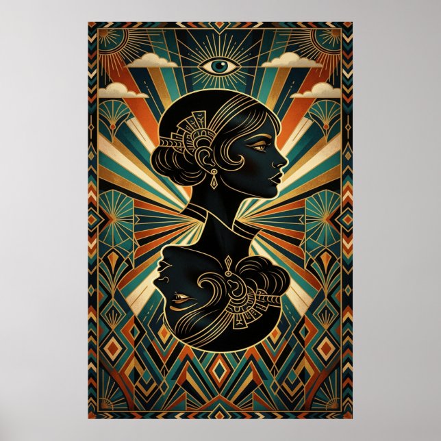 Póster Art Deco Peacock Feather Dancer Gold Teal Poster (Frente)