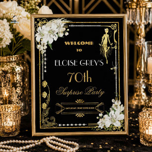 Póster Art Deco Perlas Flores Blancas Gatsby 20s Bienveni