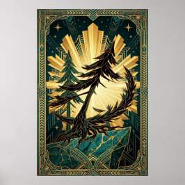 Póster Art Deco Pine Tree Silhouette Gold Teal Cliff Post