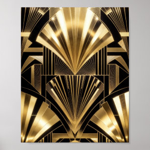 Póster Art Deco ráfaga de sol en oro negro geométrico de