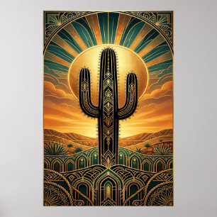 Póster Art Deco Saguaro Cactus Explosión Solar Desierto O