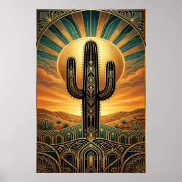 Póster Art Deco Saguaro Cactus Sunburst Desert Gold Teal 