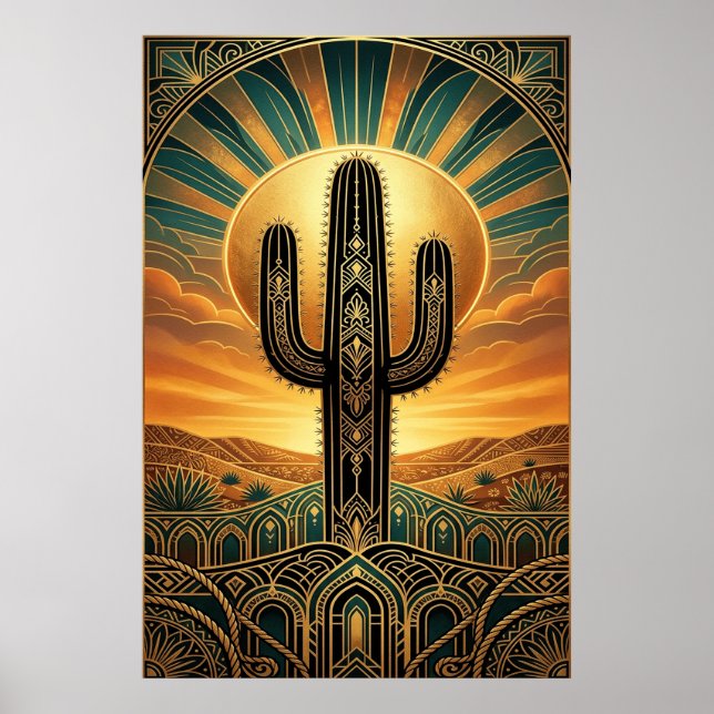 Póster Art Deco Saguaro Cactus Sunburst Desert Gold Teal  (Frente)