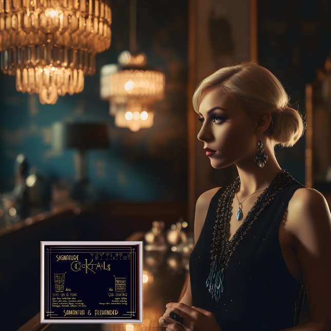 Póster Art Deco Signature Cócteles Boda Bar Rótulo (Art Deco Signature Cocktails Wedding Sign Bar Sign Unique Elegant 1920s Vintage Gatsby Wedding)