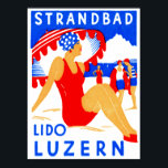 Póster Art Deco Strandbad Lido Luzern 1929<br><div class="desc">C. 1929 poster Art Deco promocionando la playa frente al lago de Strandbad Lido en Luzern / Lucerna Suiza.</div>