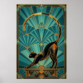 Póster Art Deco Stretching Black Cat Wall Art