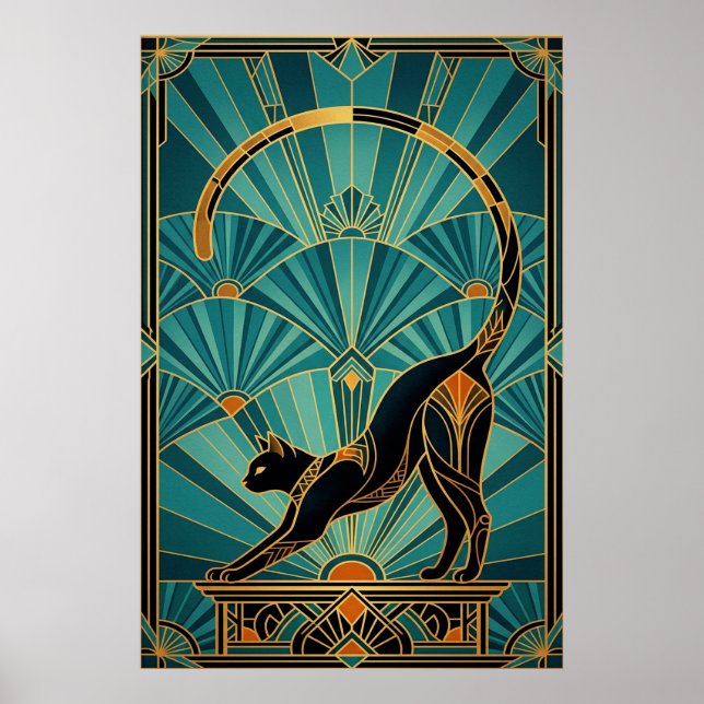 Póster Art Deco Stretching Black Cat Wall Art (Frente)
