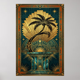Póster Art Deco Symmetrical Tree of Life Gold Teal Poster
