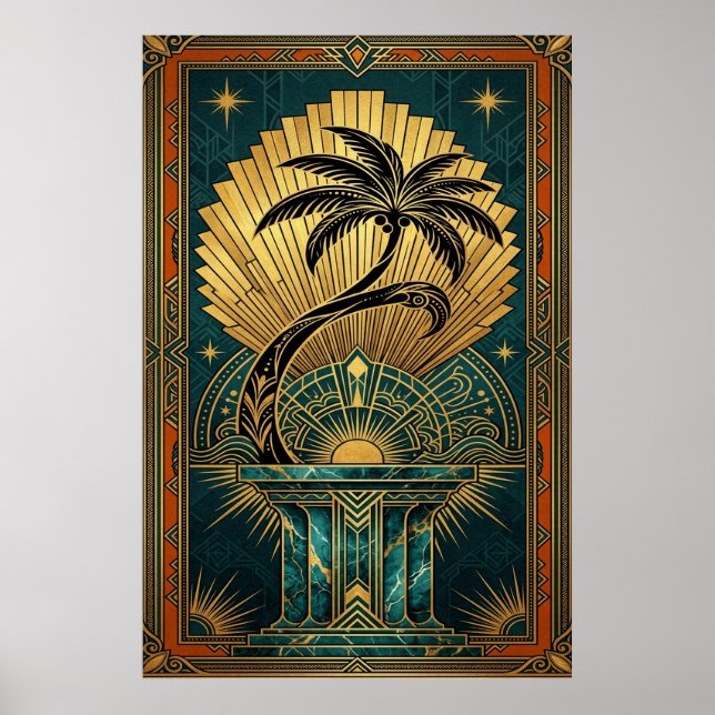 Póster Art Deco Symmetrical Tree of Life Gold Teal Poster (Frente)