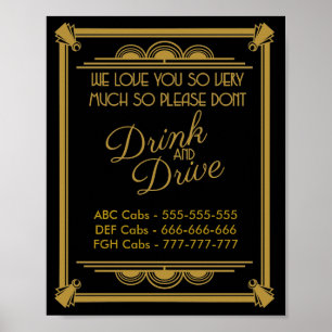 Póster art deco Taxis boda signo no beber ni conducir