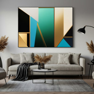 Póster Art Deco Verde Azul y Dorado Geométrico Abstracto