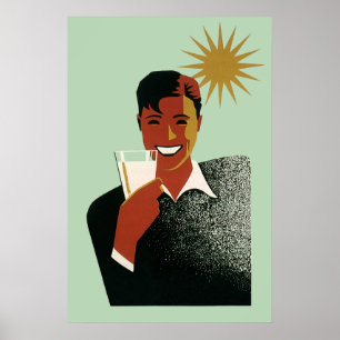 Póster Art Deco vintage, hombre con cóctel al sol
