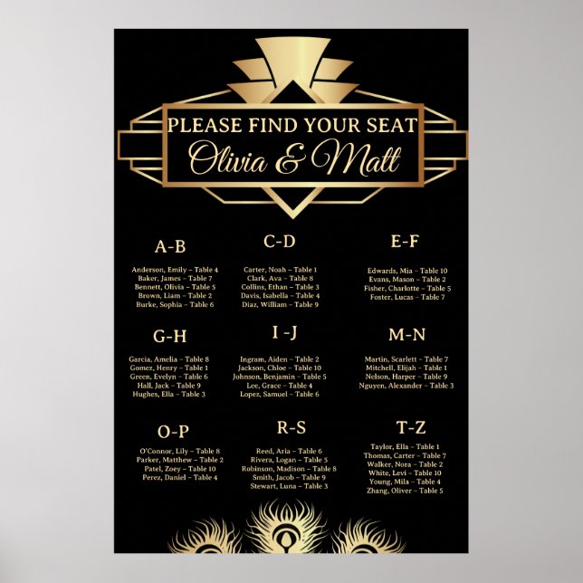 Póster  Art Deco Wedding Alphabetical Seating  (Frente)