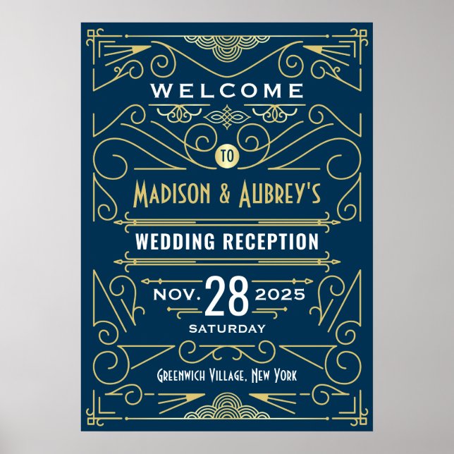 Póster Art Deco Wedding Reception Gold Blue Welcome Sign (Frente)