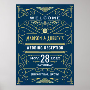 Póster Art Deco Wedding Reception Gold Blue Welcome Sign