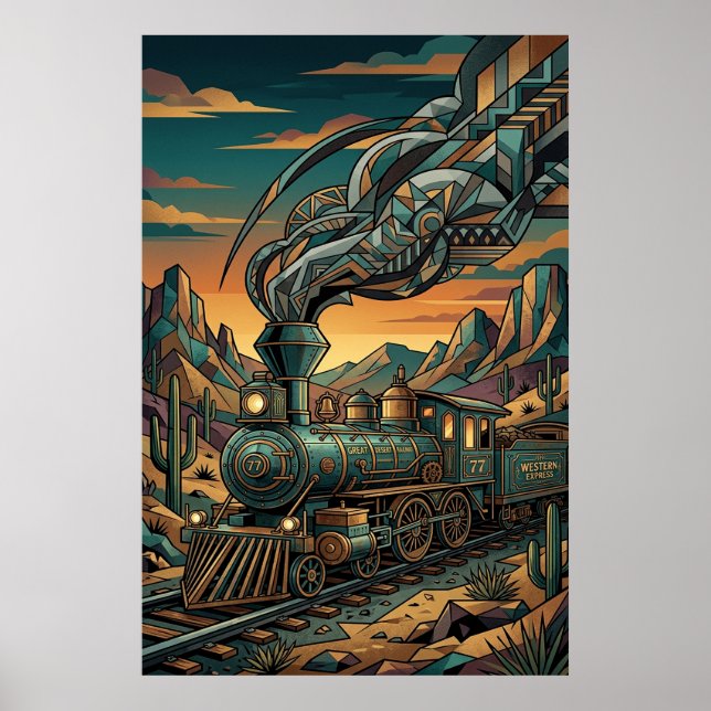 Póster Art Deco Western Express Poster - Geometric Train  (Frente)